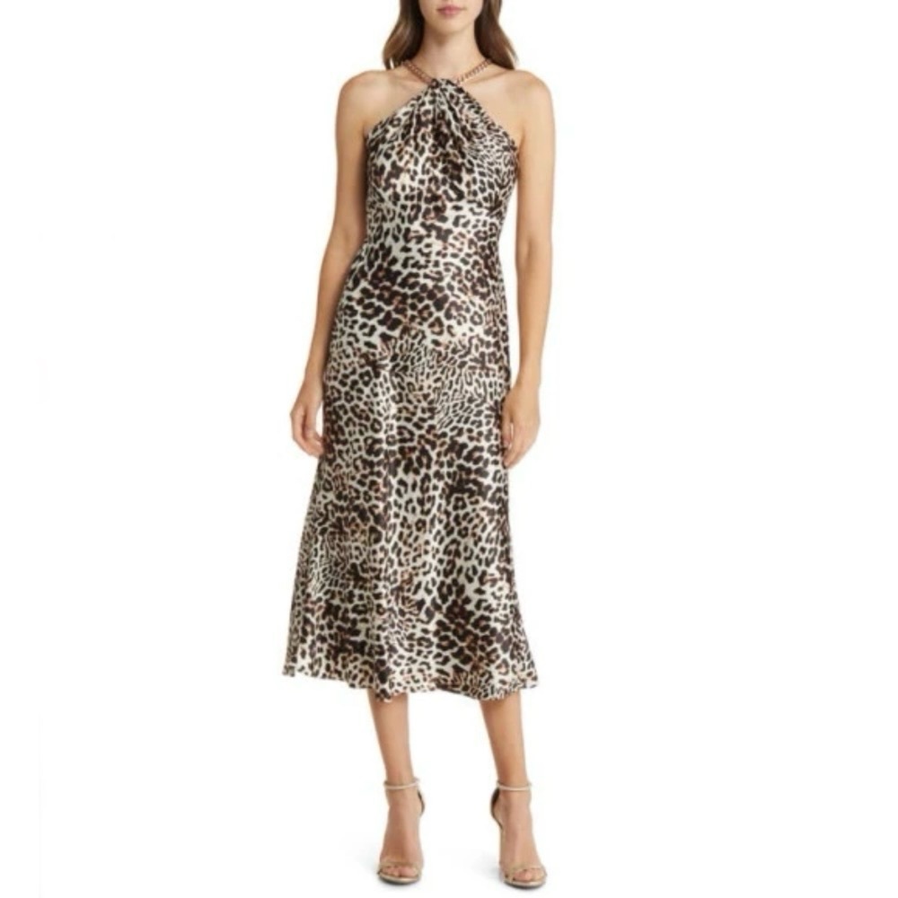 VINCE CAMUTO Leopard Print Chain Neck Midi Dress